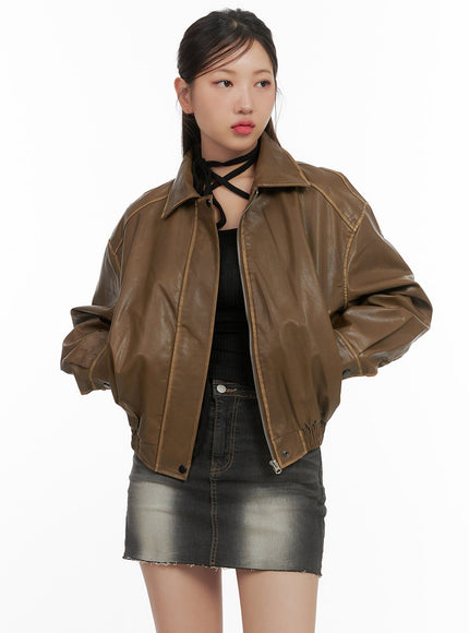 zip-up-faux-leather-crop-jacket-cs405 / Brown