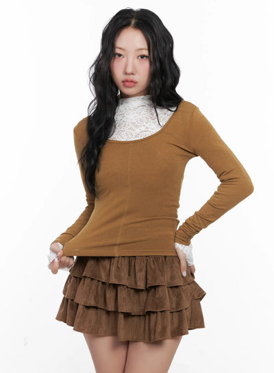 u-neck-cutout-long-sleeve-crop-top-cn514 / Dark beige