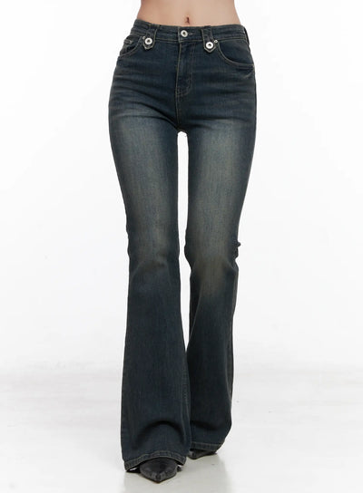 hazel-button-washed-flared-jeans-cn514 / Dark blue