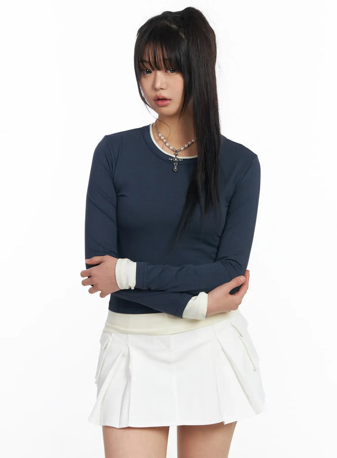 slim-fit-two-tone-long-sleeve-top-cf506-1 / Dark blue