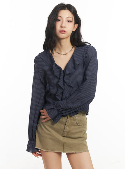 ruffle-v-neck-stripe-blouse-top-ca503 / Dark blue