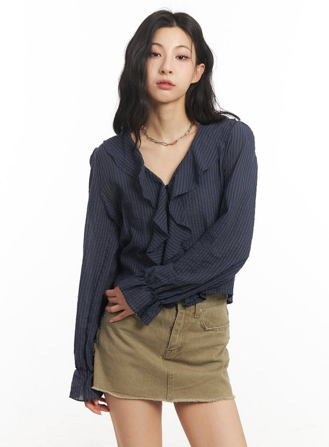 ruffle-v-neck-stripe-blouse-top-ca503 / Dark blue