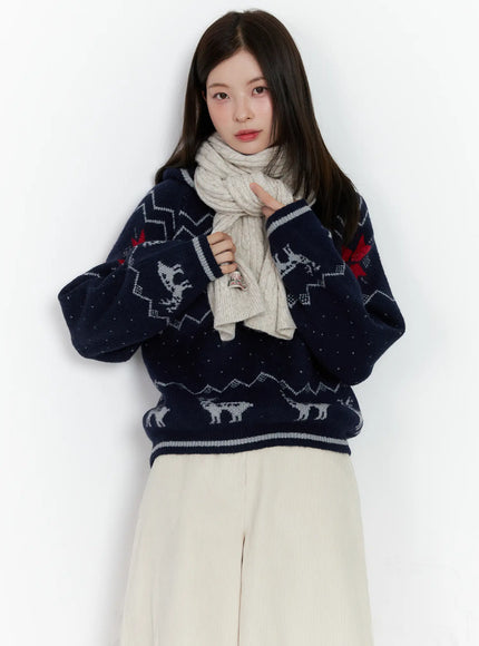 nordic-hooded-knit-sweater-cn519 / Dark blue