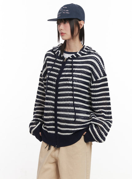 striped-zip-up-oversized-hooded-sweater-cm520 / Dark blue