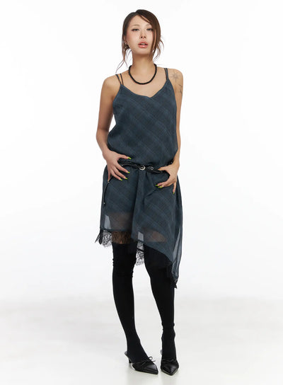 asymmetric-lace-trim-plaid-midi-dress-cf511 / Dark blue