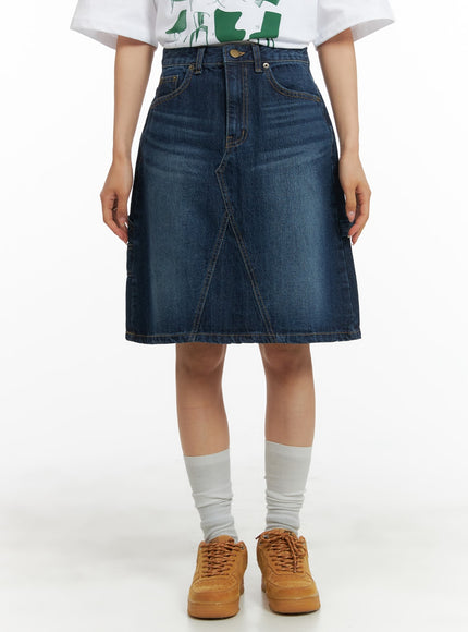 washed-denim-midi-skirt-ca404 / Dark blue