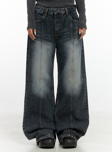 kaya-stitch-detail-washed-baggy-denim-jeans-cs426 / Dark blue