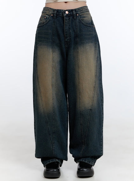 cari-stitched-washed-denim-baggy-jeans-cg413 / Dark blue