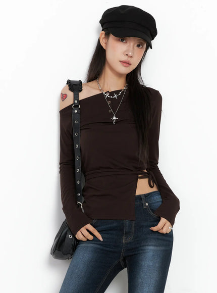 asymmetric-slit-wrap-long-sleeve-top-co507 / Dark brown