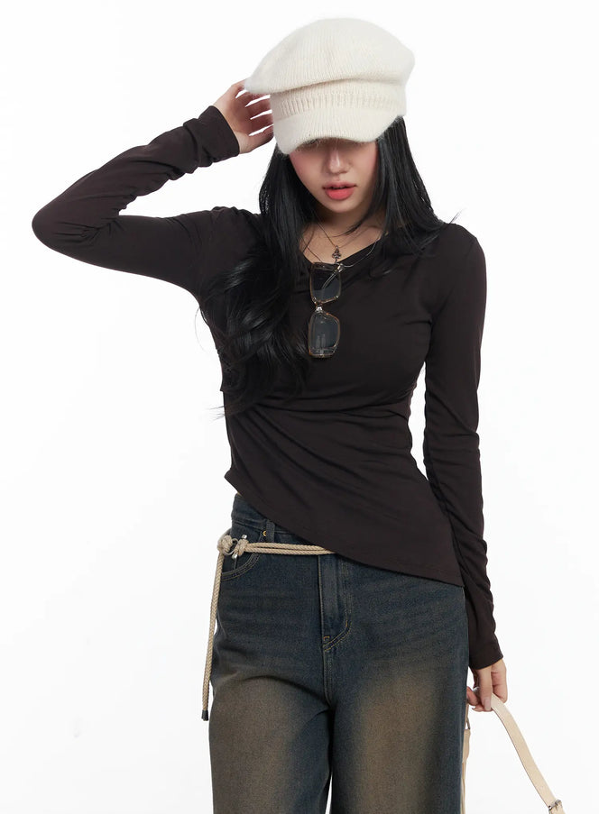 asymmetric-ruched-long-sleeve-top-cj514 / Dark brown