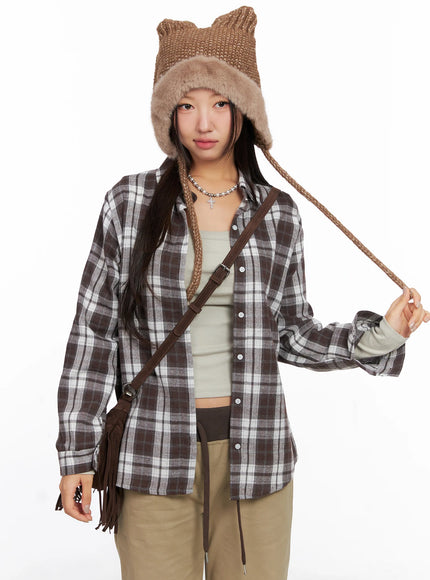 oversized-plaid-long-sleeve-flannel-shirt-co515 / Dark brown