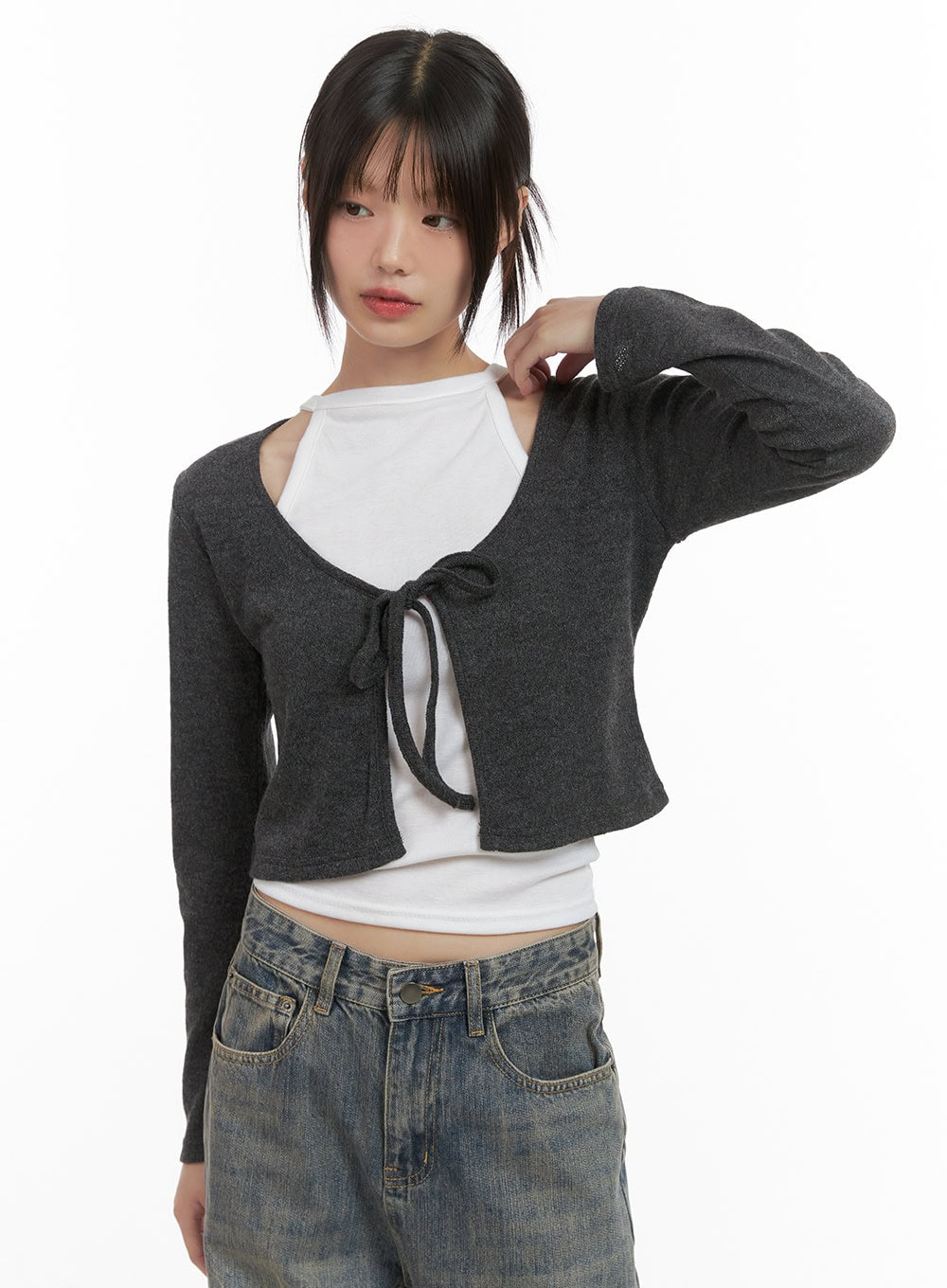 sleek-strap-detail-knit-cardigan-cs412 / Dark gray