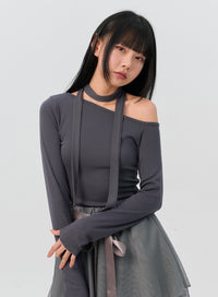 one-shoulder-tee-and-scarf-set-in301 / Dark gray
