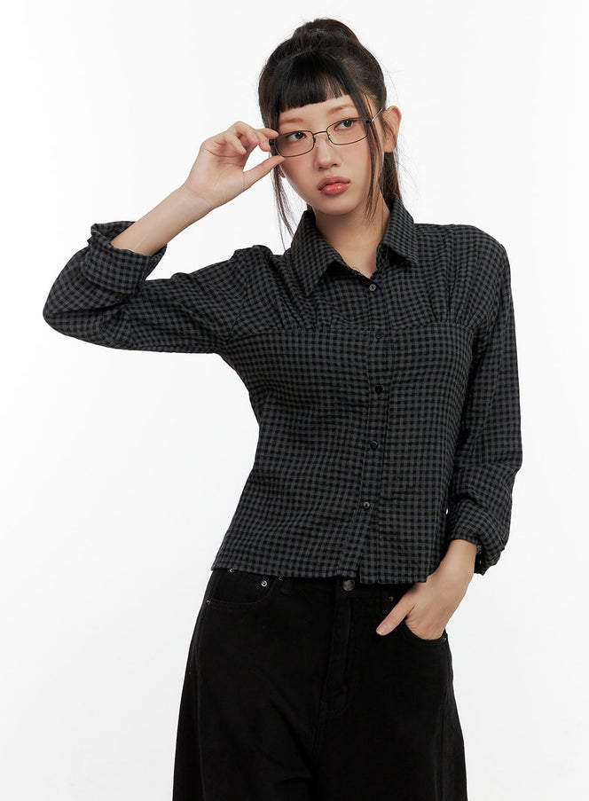 gingham-collar-buttoned-shirt-cn405 / Dark gray