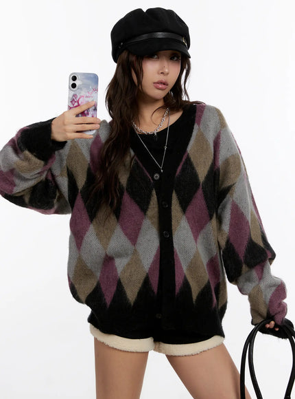 oversized-multi-color-argyle-knit-cardigan-cn527 / Dark gray