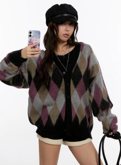 oversized-multi-color-argyle-knit-cardigan-cn527 / Dark gray