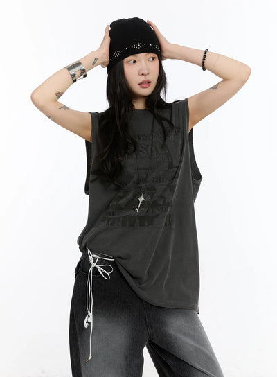 oversized-pigment-print-sleeveless-top-ca508 / Dark gray