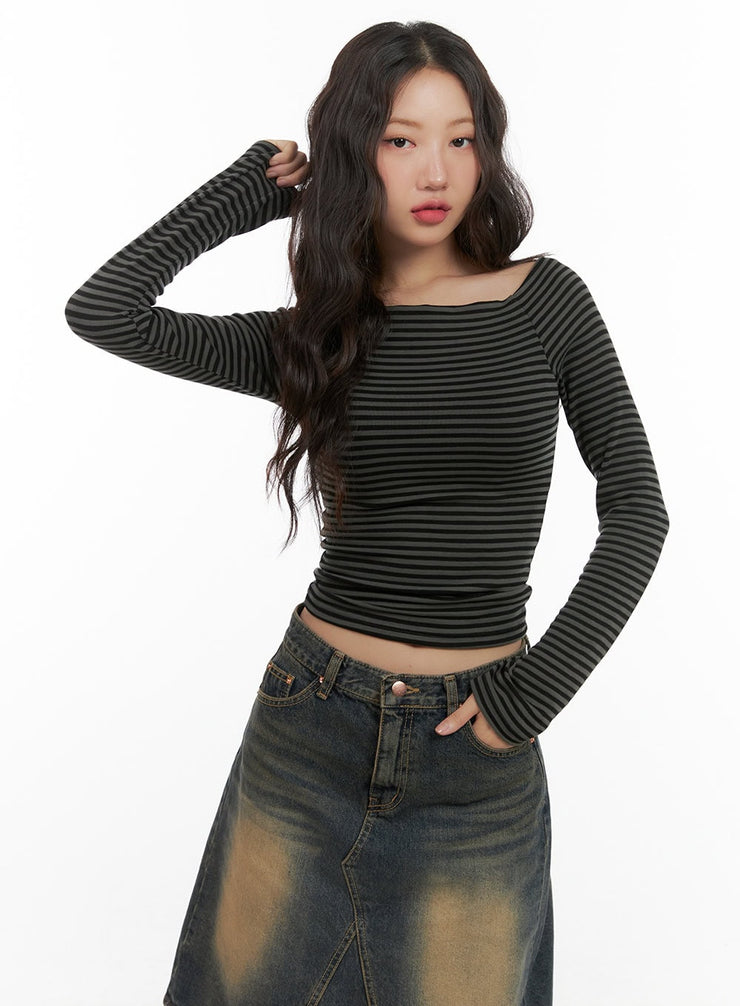 stripe-square-neck-long-sleeve-cg423 / Dark gray