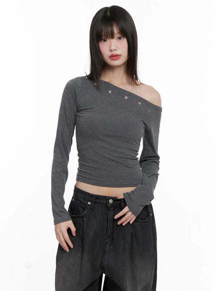 asymmetrical-eyelet-long-sleeve-top-cg519 / Dark gray