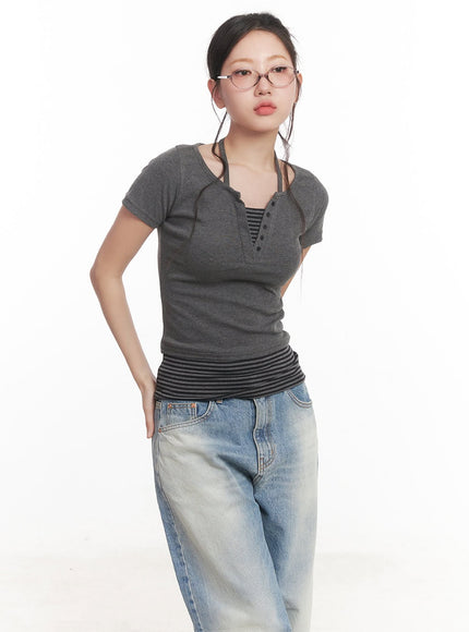 layered-stripe-halter-neck-buttoned-crop-top-ca530 / Dark gray