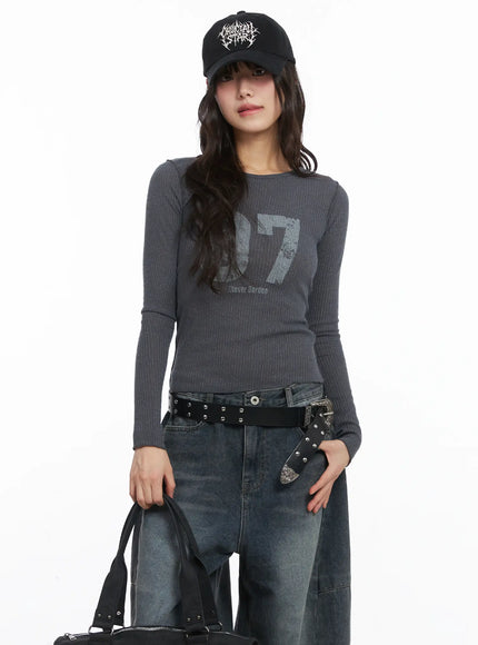 number-print-ribbed-long-sleeve-tee-cj501 / Dark gray