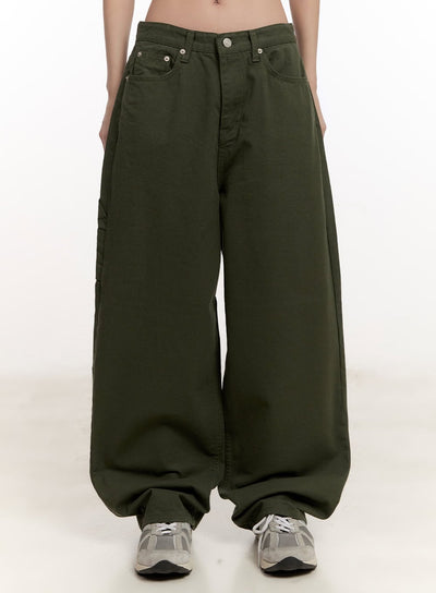 pocket-wide-leg-cotton-pants-cm510 / Dark green