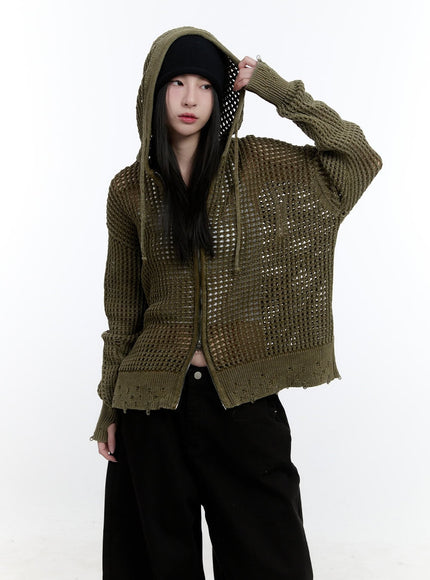 damaged-mesh-zip-up-hoodie-cj521 / Dark green