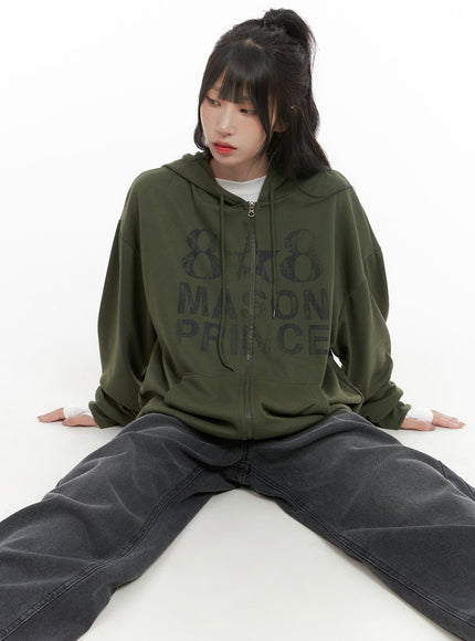 oversized-lettering-zip-up-sweat-hoodie-cg421 / Dark green