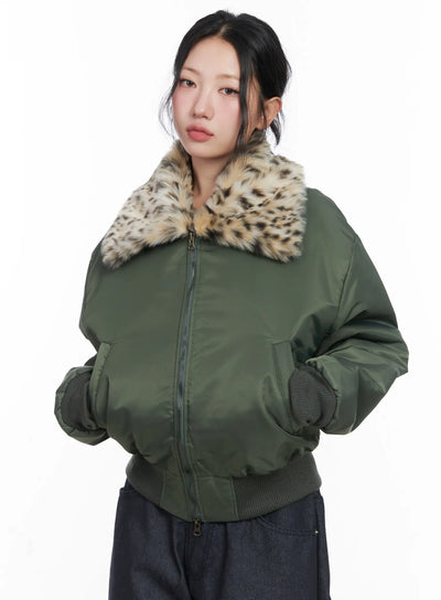 cozy-faux-fur-collar-bomber-jacket-cn514 / Dark green
