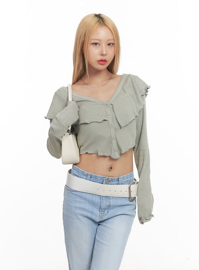 frill-layered-long-sleeve-button-crop-top-cm505 / Dark green