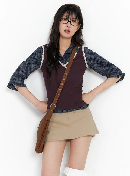 lace-v-neck-ribbed-tank-top-co507 / Dark purple