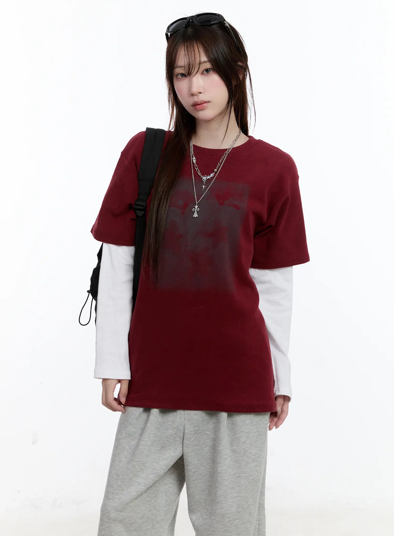oversized-graphic-fleece-lined-shirt-cn525 / Dark red