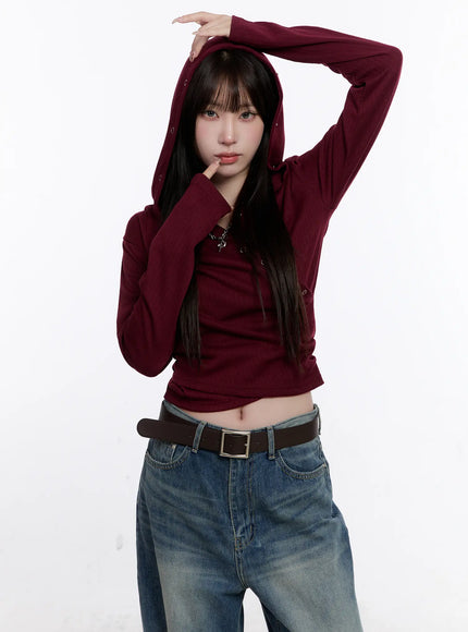 snap-button-long-sleeve-hooded-top-cs530 / Dark red