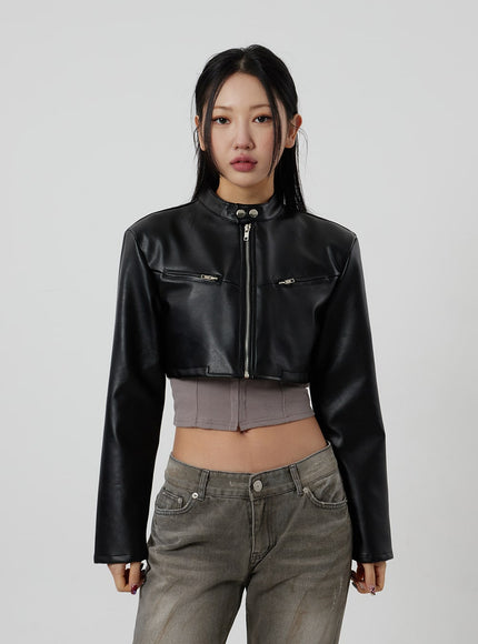 Faux Leather Cropped Zip-Up Jacket CF301