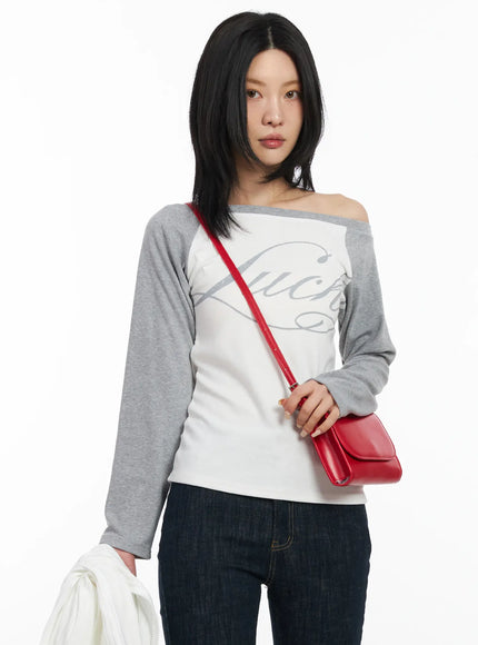 off-shoulder-raglan-long-sleeve-top-cf526 / Gray