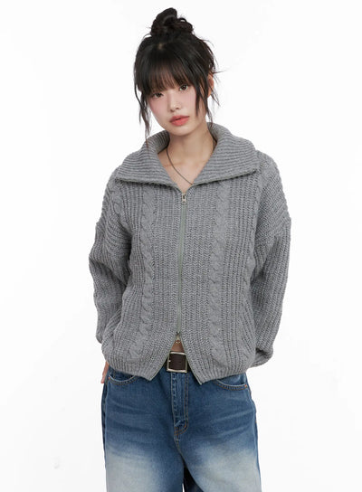 cable-knit-zip-up-sweater-cg518 / Gray