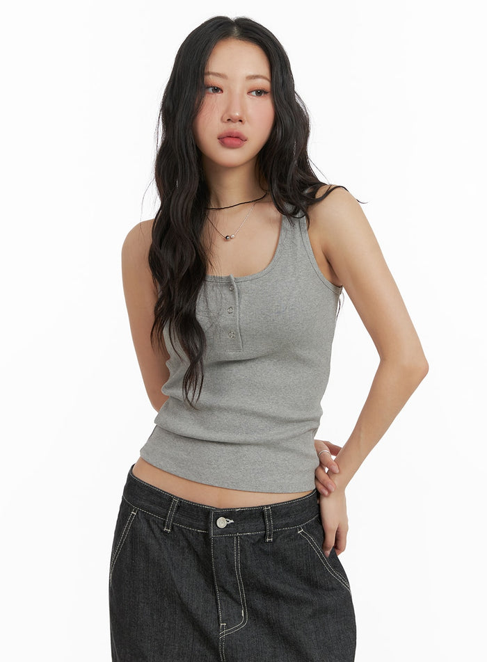 solid-rib-button-up-tank-crop-top-cm425 / Gray