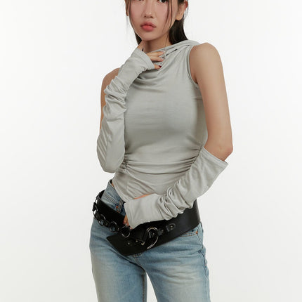 hooded-shirred-sleeveless-top-arm-sleeves-set-cy409 / Gray