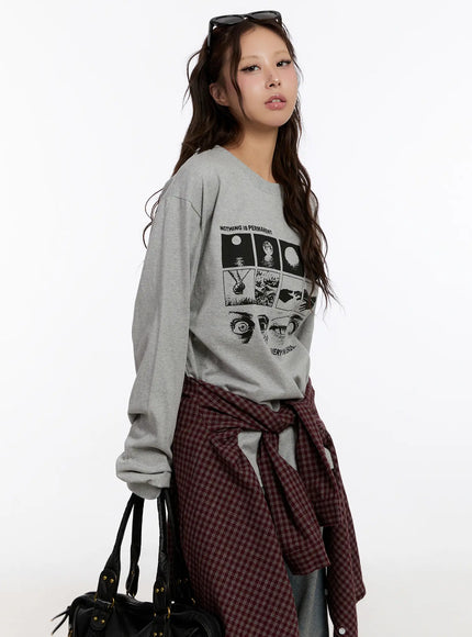 oversized-graphic-print-long-sleeve-top-cn527 / Gray
