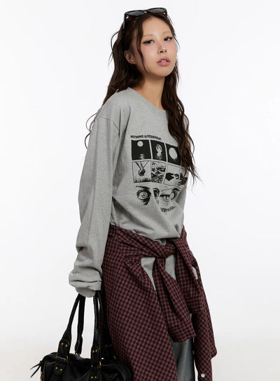 oversized-graphic-print-long-sleeve-top-cn527 / Gray