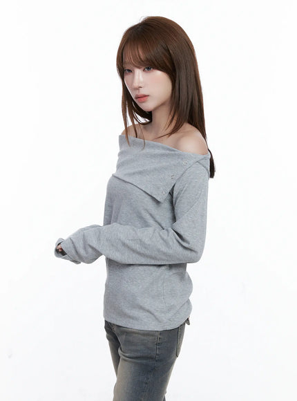 ribbed-off-shoulder-long-sleeve-tee-cg529 / Gray
