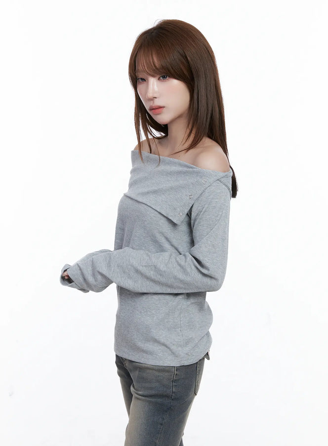 ribbed-off-shoulder-long-sleeve-tee-cg529 / Gray