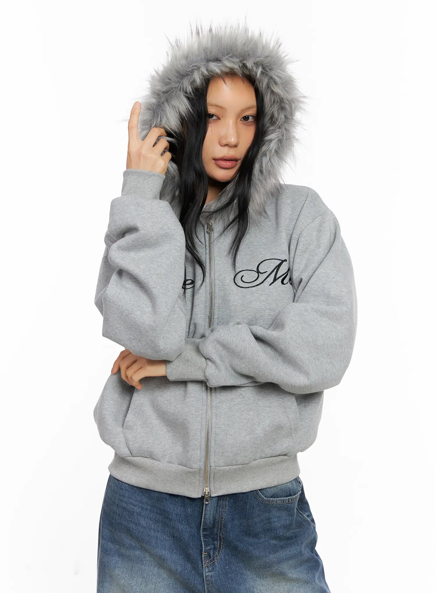 oversized-fur-zip-up-hoodie-co529 / Gray