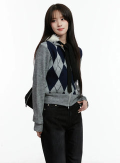 argyle-pattern-knit-zip-up-sweater-cd523 / Gray