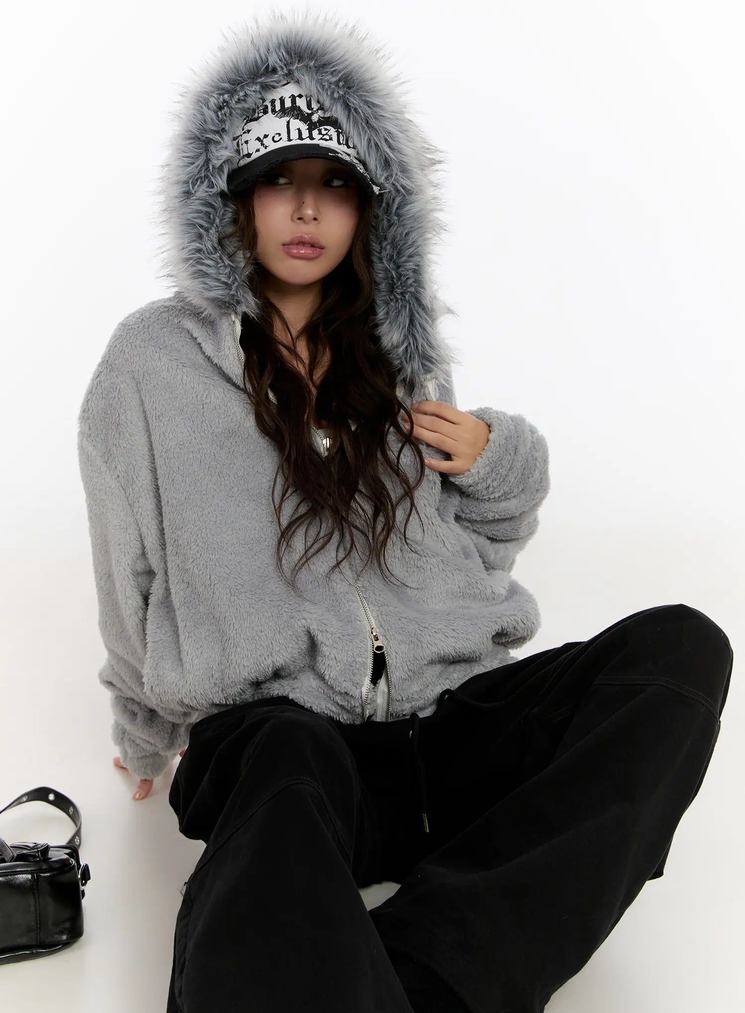 faux-fur-fleece-zip-up-hoodie-cn527 / Gray