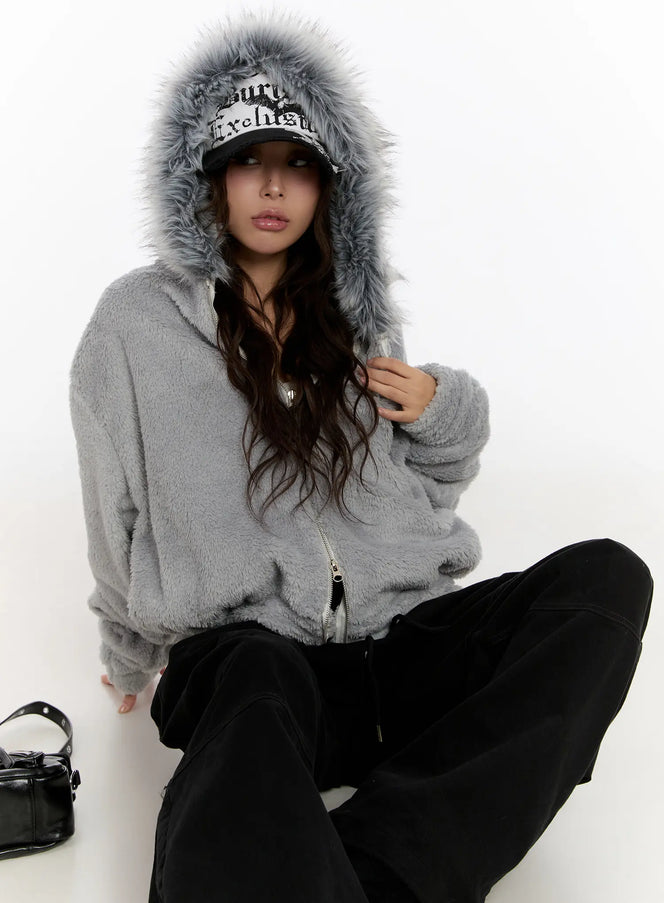 faux-fur-fleece-zip-up-hoodie-cn527 / Gray