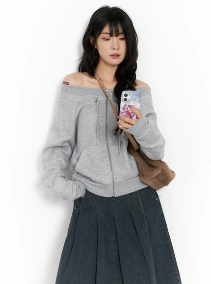 off-shoulder-zip-up-sweatshirt-cn528 / Gray