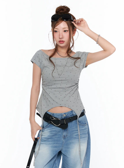 boat-neck-star-print-string-top-ca514 / Gray