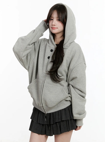 oversized-button-detail-zip-up-hoodie-cm510 / Gray