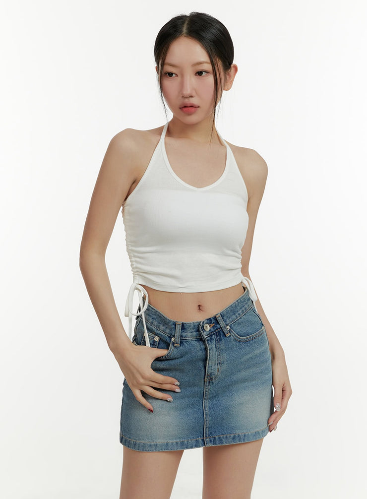 solid-halter-shirred-crop-top-cy409 / Light beige